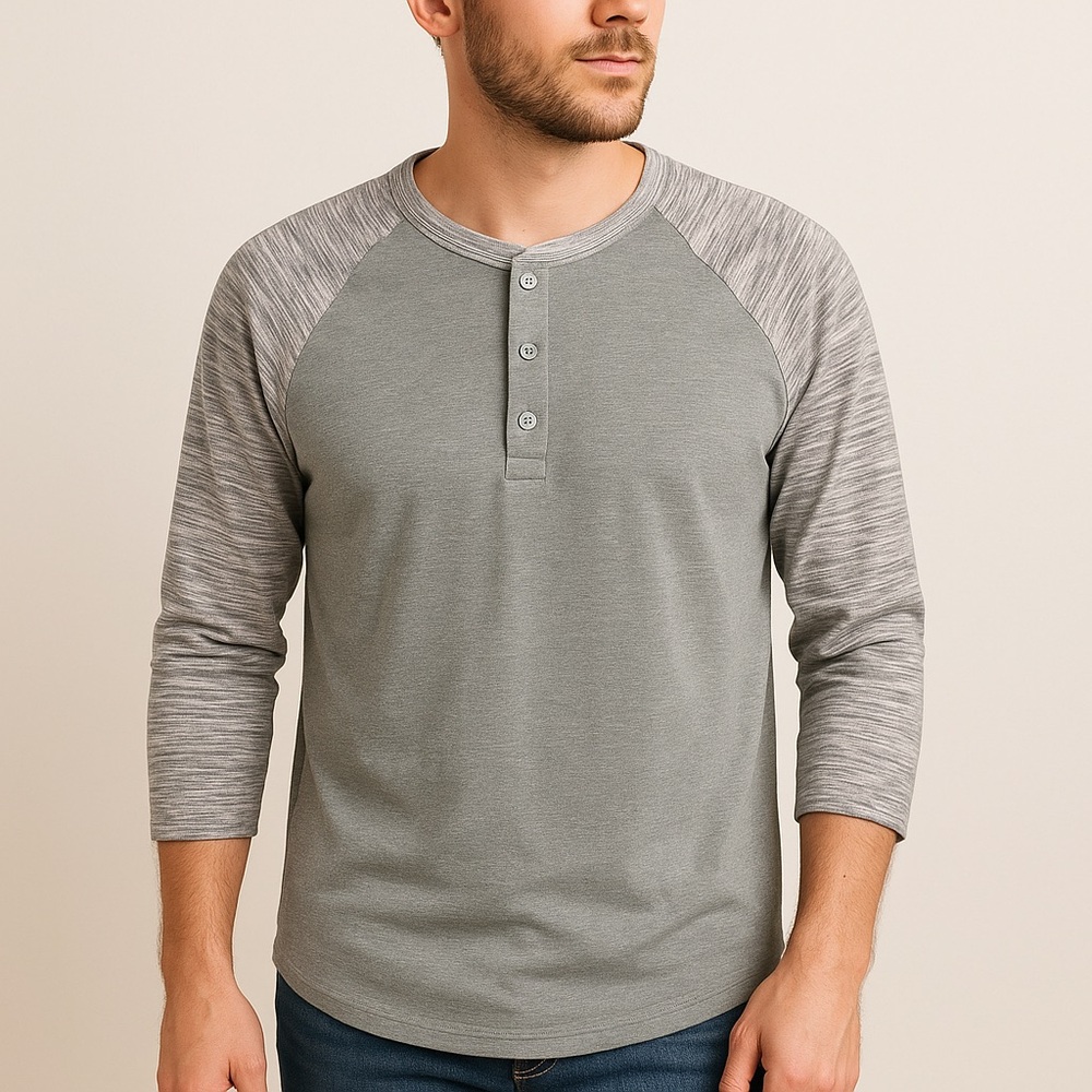 LuLaRoe Mark Gray Contrast Raglan Long Sleeve Henley Casual Shirt Men’s Size XL